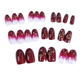 Wine Red False Fingernails Artificial False Nails Tips Wedding Nail Art Decoration; Moon and Star Fake Nails - Default