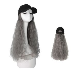 Black Baseball Cap with Grey Long Wavy Synthetic Wig Easy to Wear Hat with Hair Attached Wig Cap - Default