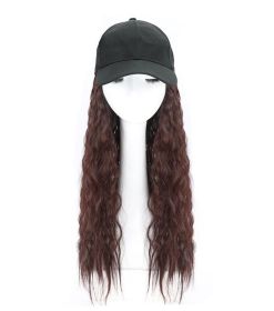 Synthetic Hair Extensions Long Curly Corn Wave Hair Attached With Baseball Cap, Dark Brown - Default