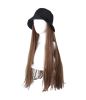 Brown Long Straight Hair With Bucket Hat Hair Extension Wig Hat for Women Girls Wig Cap - Default