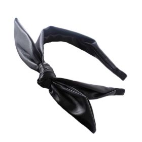 Black PU Leather Headband Large Bowknot Wide Hair Band Hair Accessories Turban Headbands for Women - Default