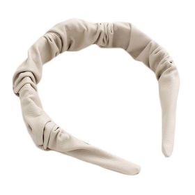 Beige PU Leather Pleated Wide Headband Womens Simple Hairband Hair Accessories - Default