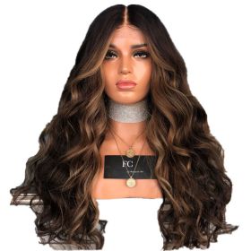 Long Wavy Brown Root Honey Blonde Ombre Wig Half Hand Tied Heat Friendly Synthetic Lace Front Wig - Brown