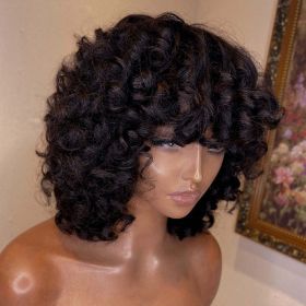 Rose Curly Fumi Human Hair Wig With Bangs Full Machine Made Deep Wave - 8inches