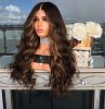 Long Wavy Brown Root Honey Blonde Ombre Wig Half Hand Tied Heat Friendly Synthetic Lace Front Wig - Brown